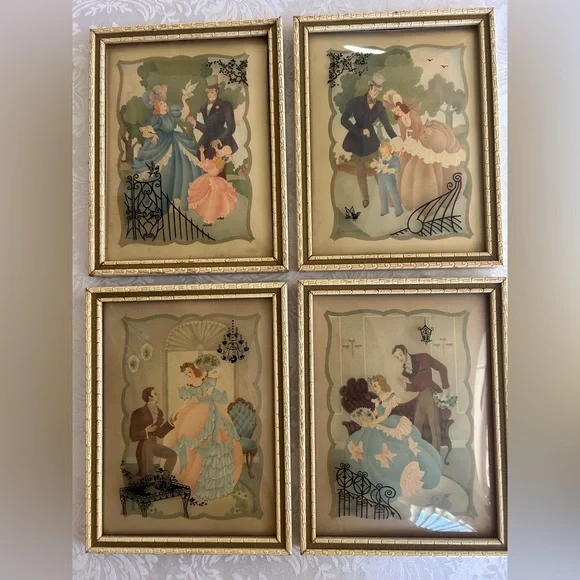4 Vintage Curved Glass Framed Reverse Painted Silhouettes